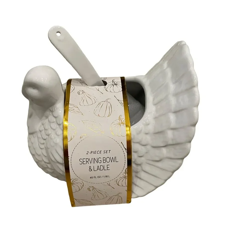 Turkey Shaped Serving Bowl and Ladle 2 Piece Set White 7in New